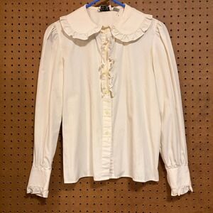 Herman Geist Vintage Ruffle Blouse Cream Peter Pan Collar Cotton Blend Size 10